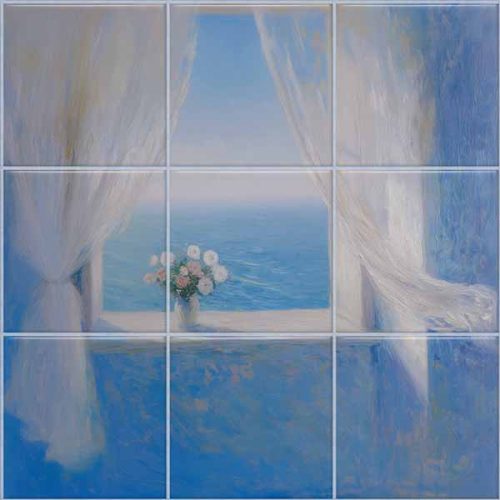 Ceramic tile mural with open window to the sea, white curtains and bouquet of flowers