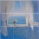 Ceramic tile mural with open window to the sea, white curtains and bouquet of flowers