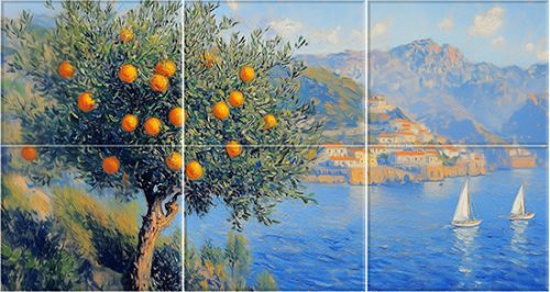 Fali csempe mediterrán tájkép narancsfával és tengerrel