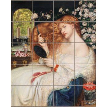 Pre-rafaelita nő tükörrel és rózsákkal – művészi dekorcsempe