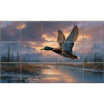 Flying wild duck decorative tile mural with scenic mountain landscape
