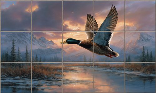 Flying wild duck decorative tile mural with scenic mountain landscape