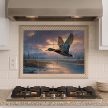 Flying wild duck decorative tile mural with scenic mountain landscape