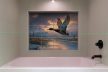Flying wild duck decorative tile mural with scenic mountain landscape