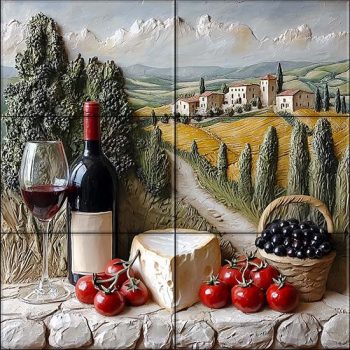 Tuscan landscape with wine, cheese, tomatoes and grapes on mosaic tile Tuscan landscape with wine, cheese, tomatoes and grapes on mosaic tile