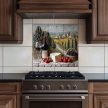 Tuscan landscape with wine, cheese, tomatoes and grapes on mosaic tile