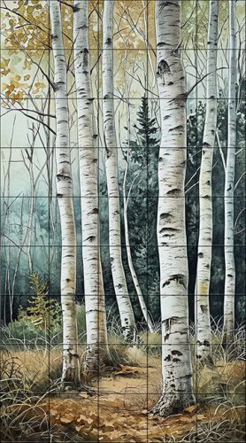 birch forest path with white trunks – ceramic tile mural
