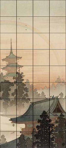 Vertical ceramic tile mural showing a Japanese pagoda, temple roof, and rainbow in a peaceful setting