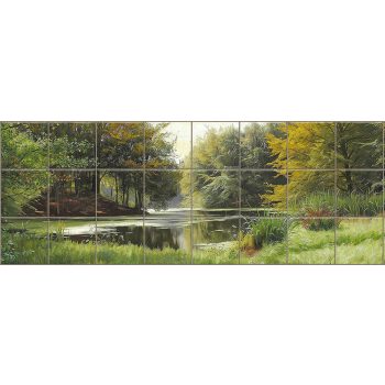 Ceramic tile mural of a peaceful forest lake with trees and water reflections Ceramic tile mural of a peaceful forest lake with trees and water reflections