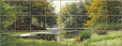 Ceramic tile mural of a peaceful forest lake with trees and water reflections