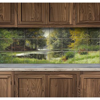 Ceramic tile mural of a peaceful forest lake with trees and water reflections