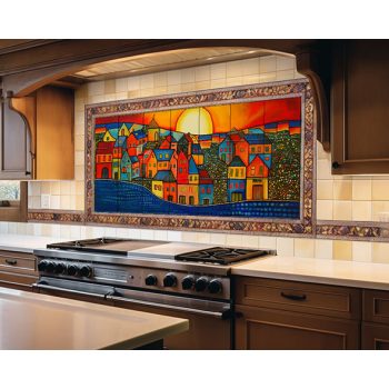 Város a naplementében mintás csempe konyhai hátfalra