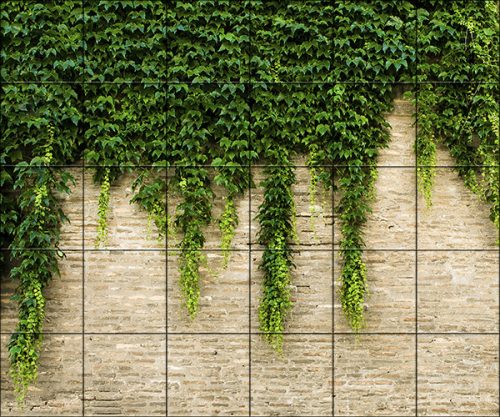 Ceramic tile mural with cascading ivy vines on a rustic brick wall