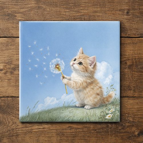 Kitten with dandelion - ceramic tile trivet