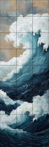 ceramic tile mural showing crashing ocean waves in blue and white with golden sky