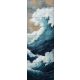 ceramic tile mural showing crashing ocean waves in blue and white with golden sky