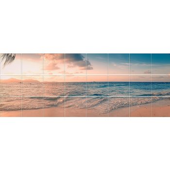 Tropical decorative tile mural with ocean waves and Seychelles sunset Tropical decorative tile mural with ocean waves and Seychelles sunset