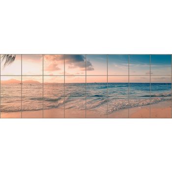 ceramic tile mural with tropical beach sunset and sea