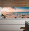 Tropical decorative tile mural with ocean waves and Seychelles sunset