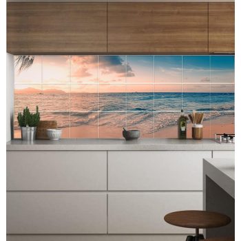Tropical decorative tile mural with ocean waves and Seychelles sunset