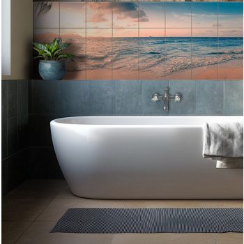 Tropical decorative tile mural with ocean waves and Seychelles sunset