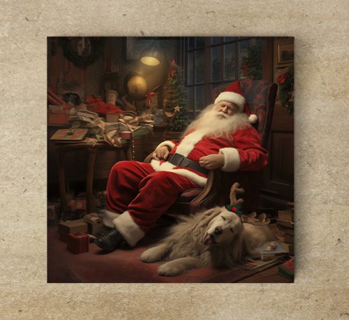 Tired Santa and dog - tile trivet