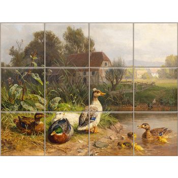 Tile mural with wild ducks, ducklings and pondside countryside scenery Tile mural with wild ducks, ducklings and pondside countryside scenery