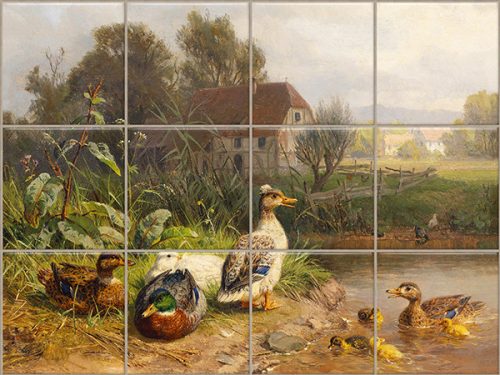 Tile mural with wild ducks, ducklings and pondside countryside scenery