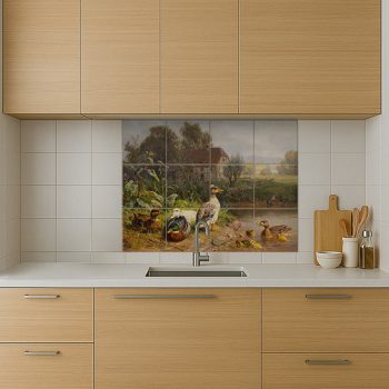 Tile mural with wild ducks, ducklings and pondside countryside scenery