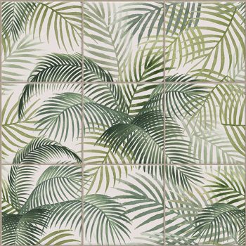 Ceramic tile mural with tropical palm leaves on light background