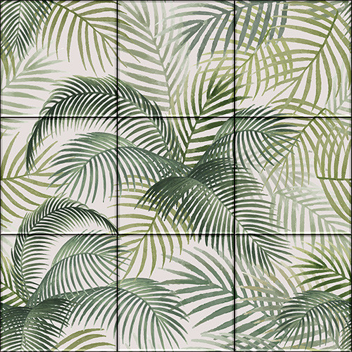 Ceramic tile mural with tropical palm leaves on light background
