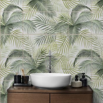 Ceramic tile mural with tropical palm leaves on light background