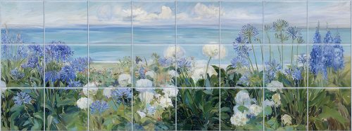 Tile mural with agapanthus, hydrangea, and delphinium in front of a coastal landscape