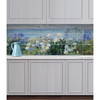 Tile mural with agapanthus, hydrangea, and delphinium in front of a coastal landscape
