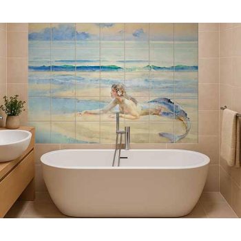 Sellő a tengerparton dekorcsempe kék tengerrel és hullámokkal