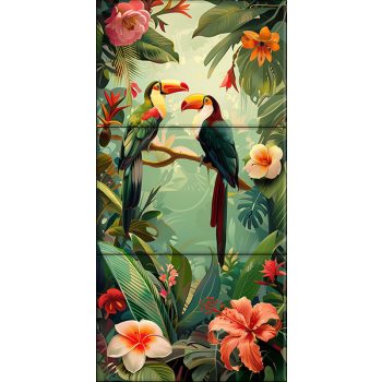Two toucans in tropical jungle with colorful flowers – exotic tile mural Two toucans in tropical jungle with colorful flowers – exotic tile mural