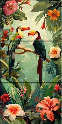 Two toucans in tropical jungle with colorful flowers – exotic tile mural