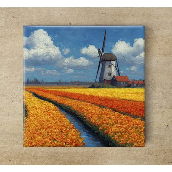 Windmill with tulips - ceramic tile trivet