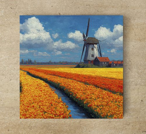 Windmill with tulips - ceramic tile trivet