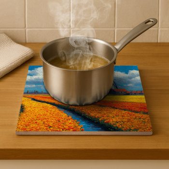 Windmill with tulips - ceramic tile trivet