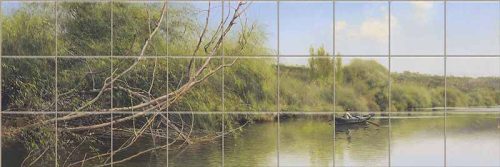 Riverside landscape with fishing boat ceramic tile mural 
