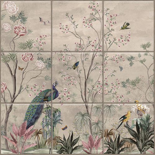Ceramic tile mural with peacock, tropical birds, butterflies and blooming branches