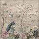 Ceramic tile mural with peacock, tropical birds, butterflies and blooming branches