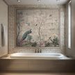 Ceramic tile mural with peacock, tropical birds, butterflies and blooming branches