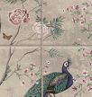 Ceramic tile mural with peacock, tropical birds, butterflies and blooming branches