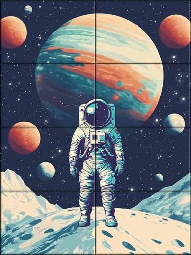 Csempekép űrhajóssal idegen bolygón, színes planéták előtt – sci-fi dekorcsempe