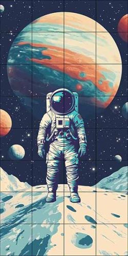 Csempekép űrhajóssal idegen bolygón, színes planéták előtt – sci-fi dekorcsempe