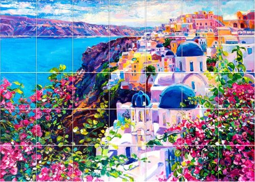Santorini Tile Mural – Mediterranean Wall Art with Blue Domes