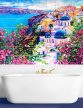 Santorini Tile Mural – Mediterranean Wall Art with Blue Domes