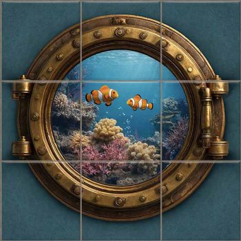 decorative tile mural with Submarine porthole and clownfish 